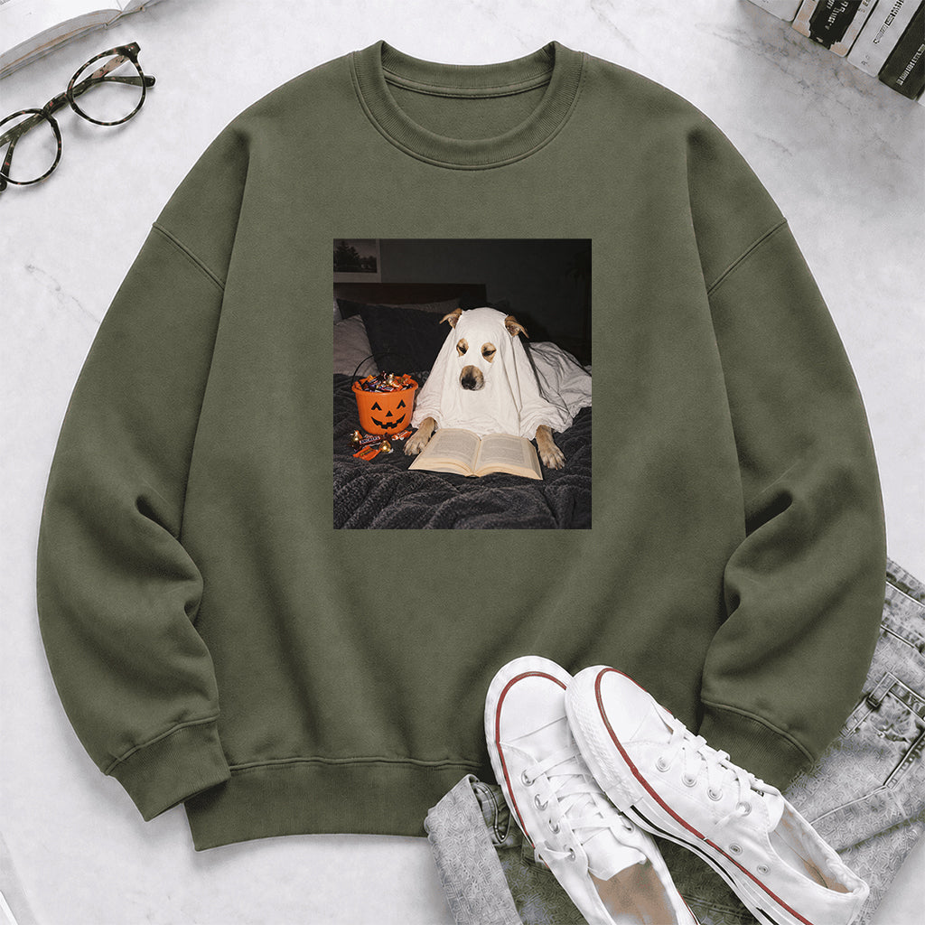 Cute Reading Ghost Dog Printed Sweatshirt | Halloween Book Lover Gift Military Green