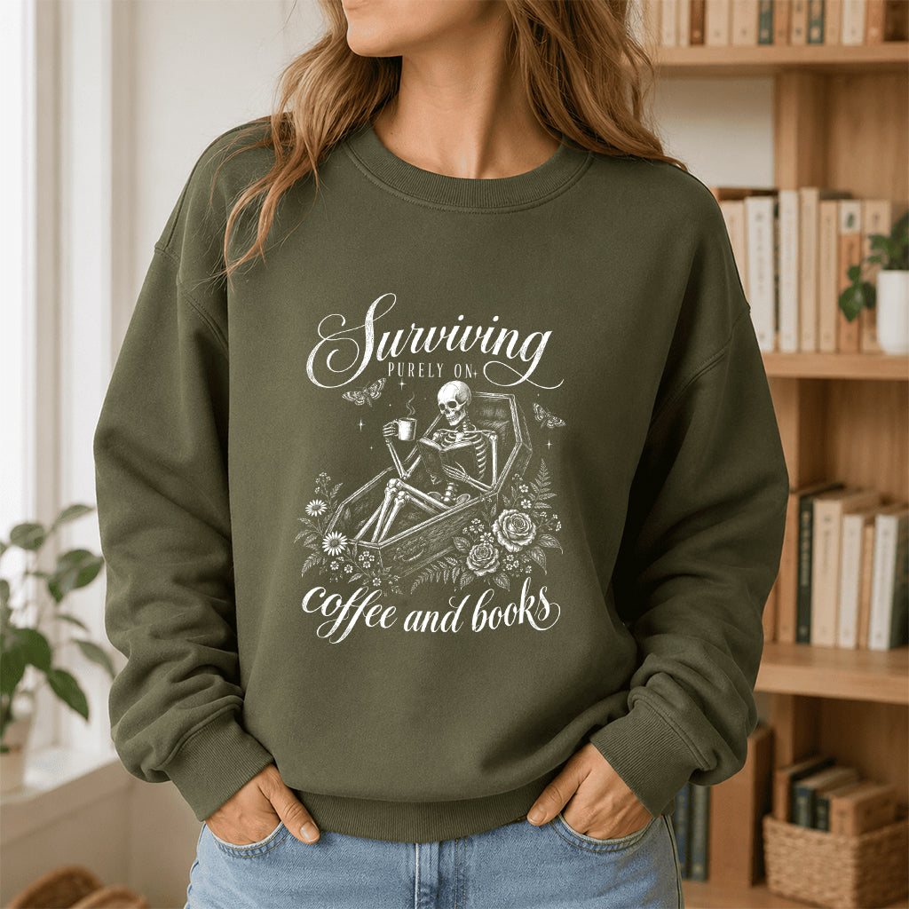 Surviving Purely On Coffee And Books Printed Sweatshirt | Halloween Reader Gift Military Green