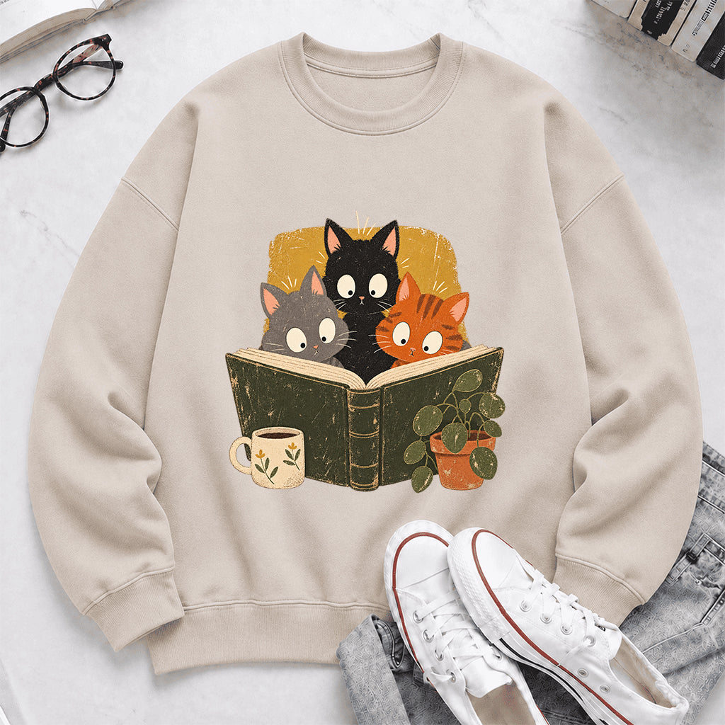 Minimal Japanese Cats Reading Crewneck Sweatshirt | Reader Gift Sand