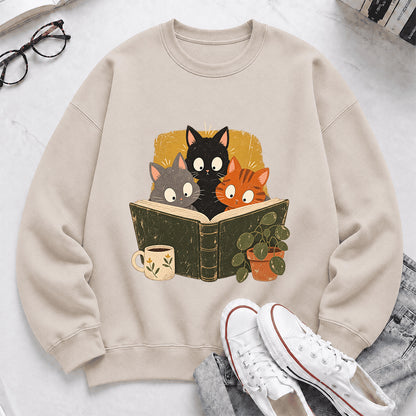 Minimal Japanese Cats Reading Crewneck Sweatshirt | Reader Gift Sand