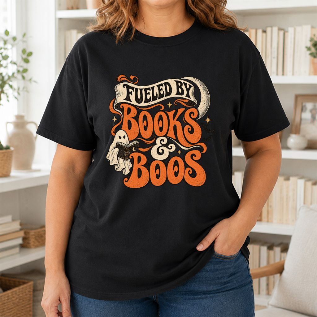 Fueled By Books & Boos Printed T-Shirt | Halloween Book Lover Gift Black