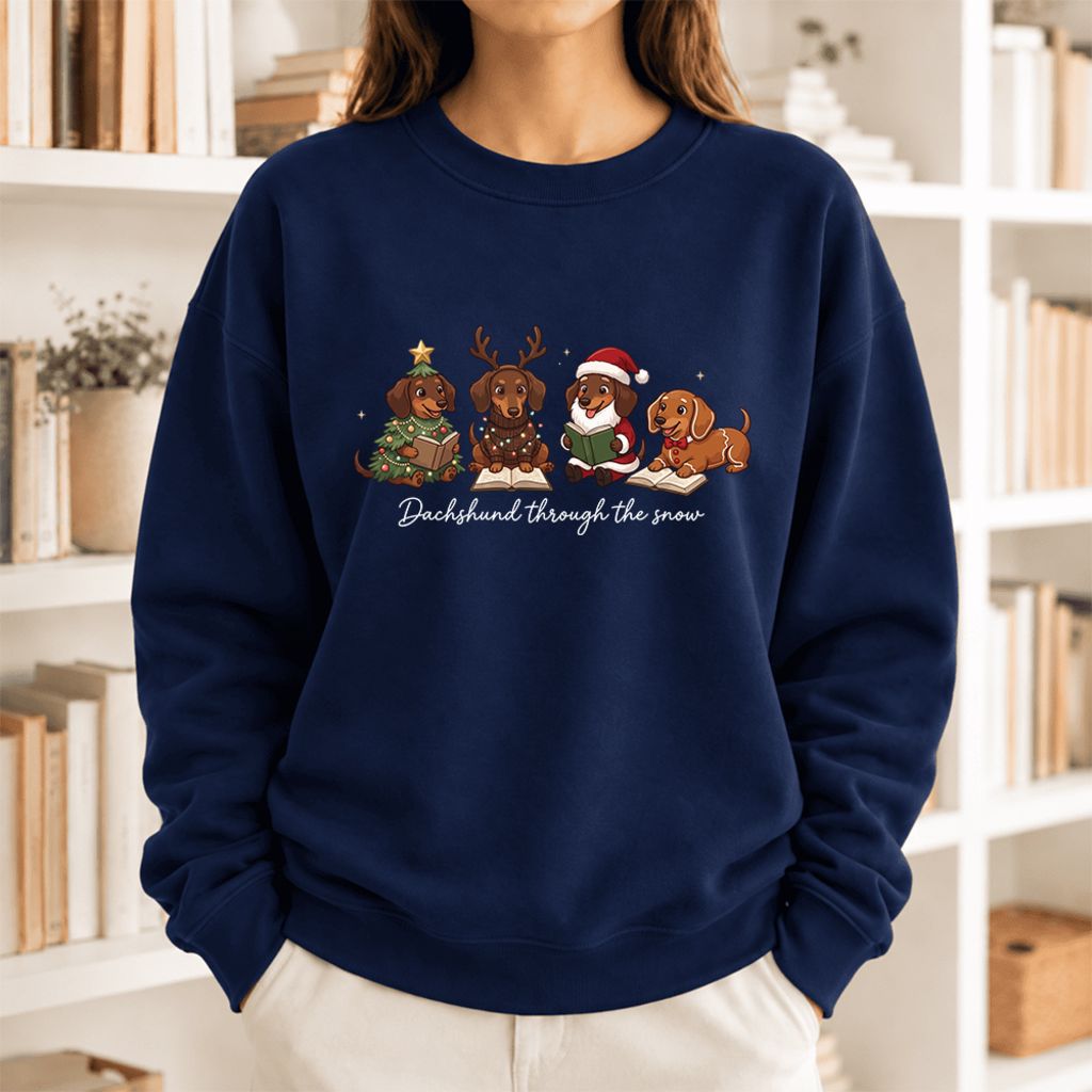 Dachshund Through The Snow Softstyle Sweatshirt | Christmas Book Lover Gift Navy