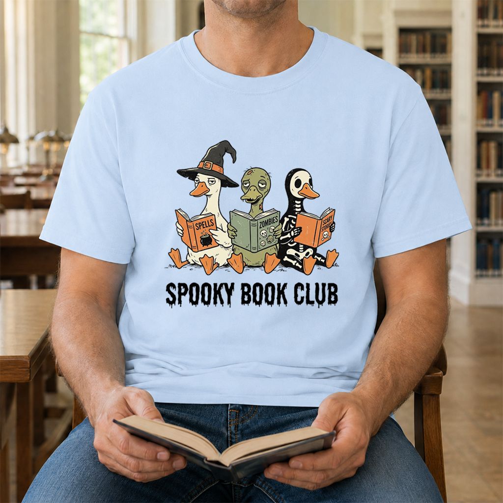 Spooky Book Club Printed T-Shirt | Halloween Book Lover Gift Light Blue