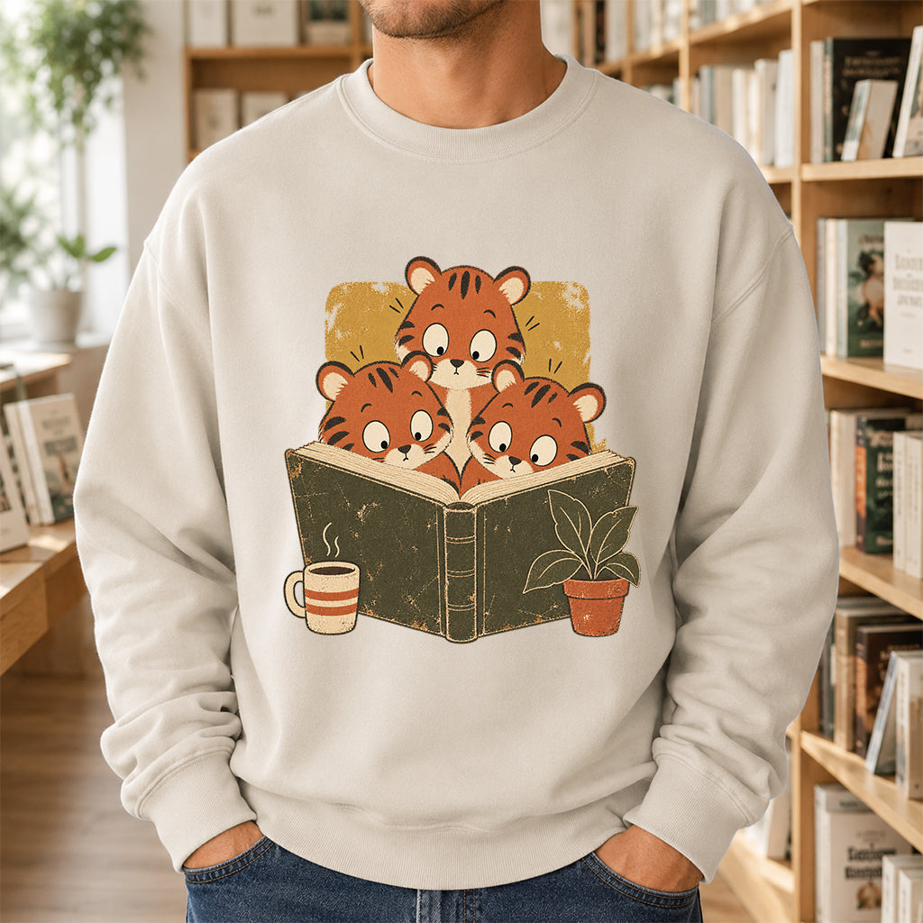 Minimal Japanese Tigers Reading Crewneck Sweatshirt | Reader Gift Sand