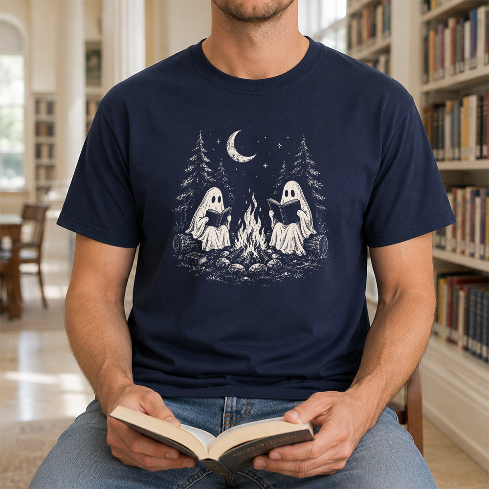 Camping Reading Ghosts Printed T-Shirt | Spooky Book Lover Gift Navy