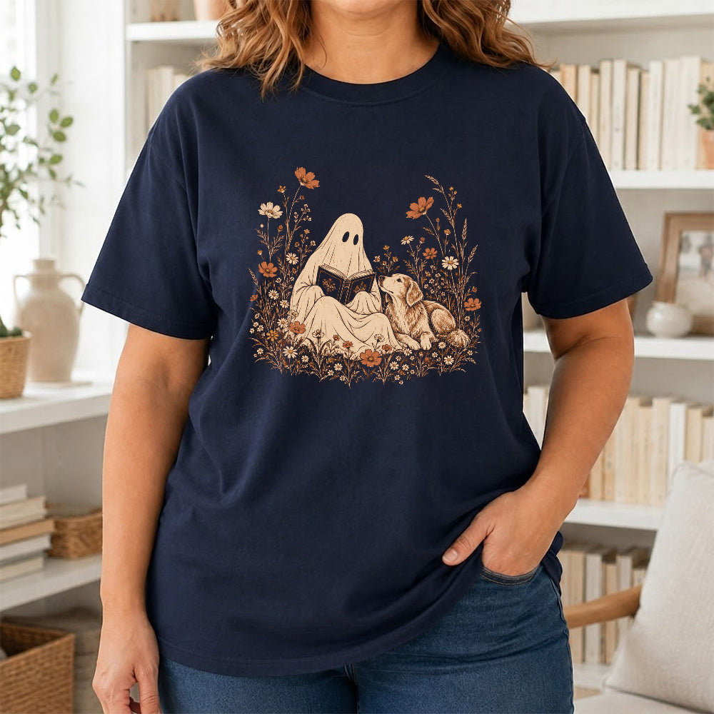 Ghost Wildflowers With Book And Golden Retriever Printed T-Shirt | Halloween Dog Lover Gift Navy
