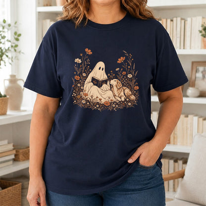 Ghost Wildflowers With Book And Golden Retriever Printed T-Shirt | Halloween Dog Lover Gift Navy