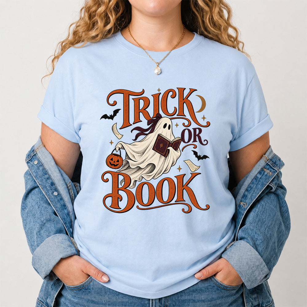 Trick Or Book Ghost Printed T-Shirt | Halloween Book Lover Gift Light Blue