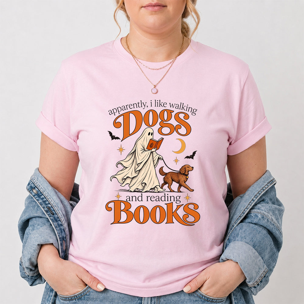 Apparently I Like Walking Dogs And Reading Books Printed T-Shirt | Halloween Dog Lover Reader Gift Light Pink
