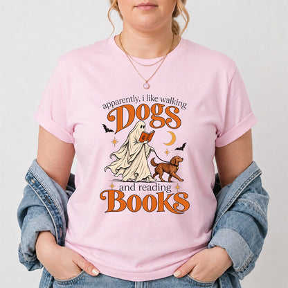 Apparently I Like Walking Dogs And Reading Books Printed T-Shirt | Halloween Dog Lover Reader Gift Light Pink