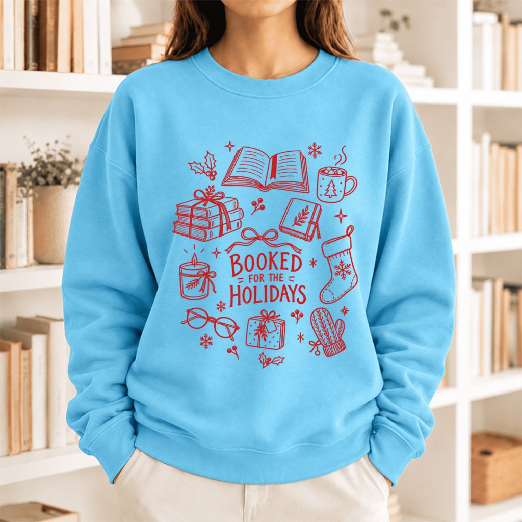 Booked For The Holidays Softstyle Sweatshirt | Christmas Book Lover Gift Sky