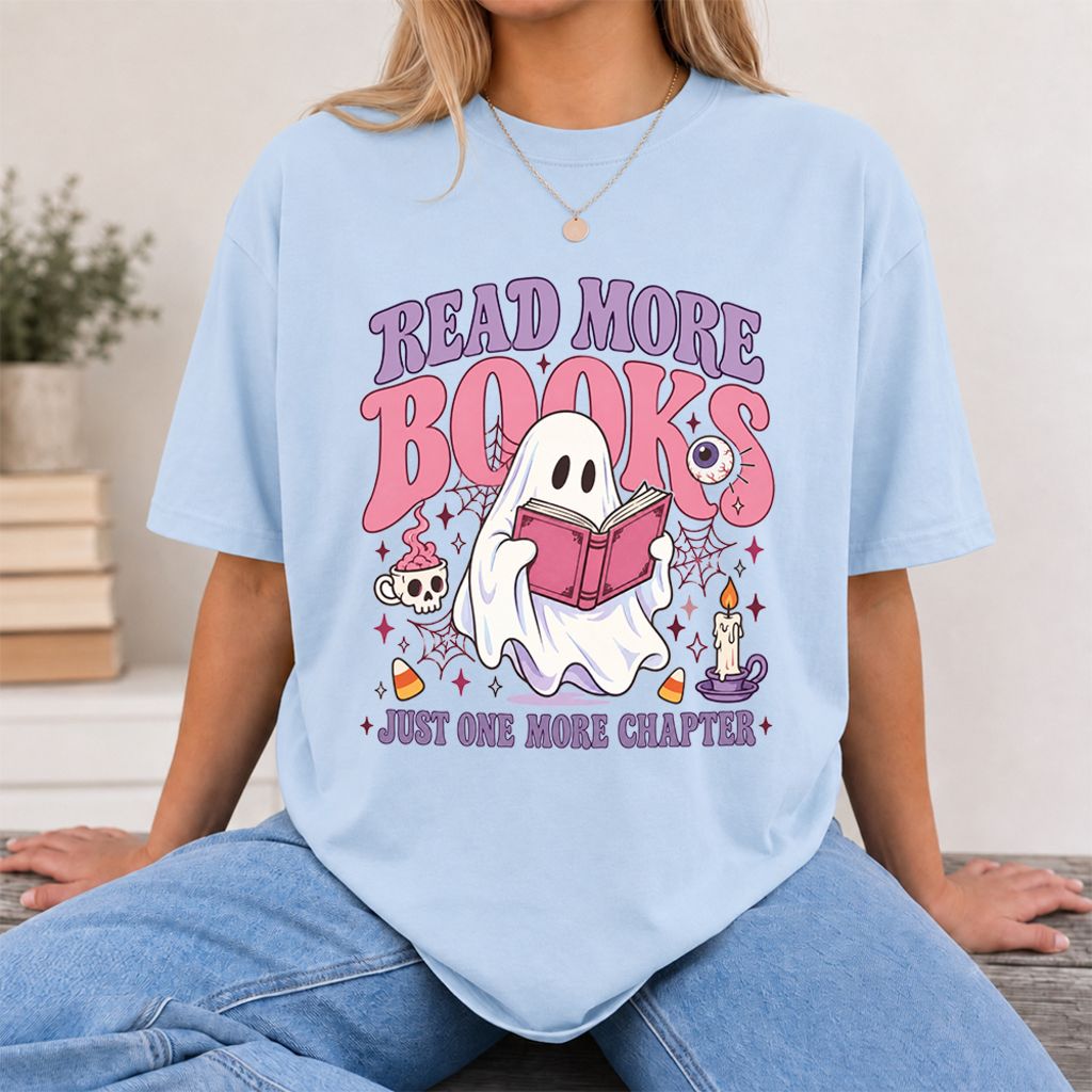 Read More Books Ghost Printed T-Shirt | Halloween Book Lover Gift Light Blue