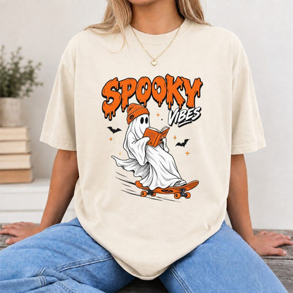Spooky Vibes Printed T-Shirt | Halloween Book Lover Gift Natural