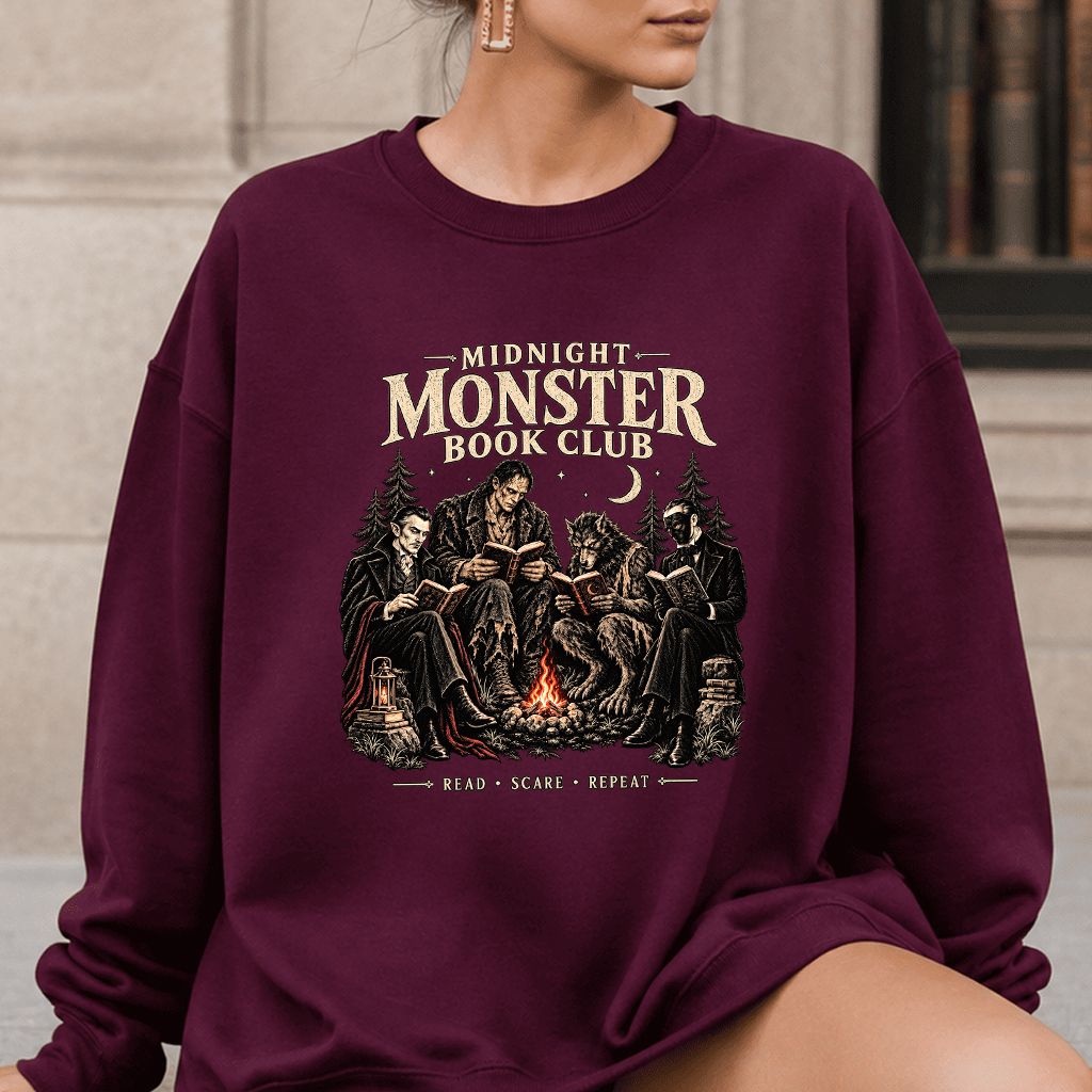 Midnight Monster Book Club Printed Sweatshirt | Halloween Book Lover Gift Maroon