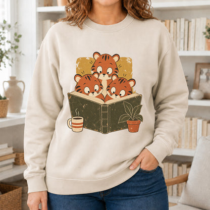 Minimal Japanese Tigers Reading Crewneck Sweatshirt | Reader Gift Sand