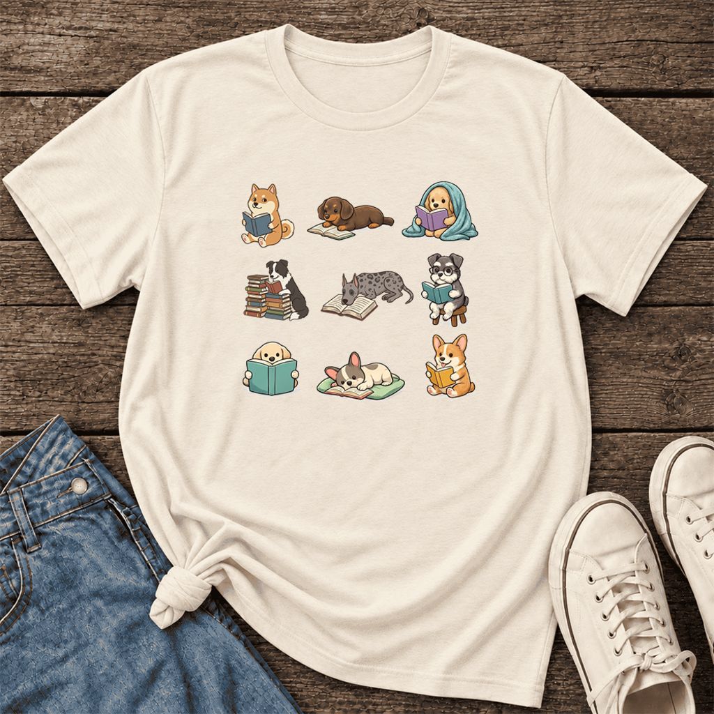 Funny Reading Dogs Ultra-Soft Cotton T-Shirt | Dog Mom Reader Gift Natural
