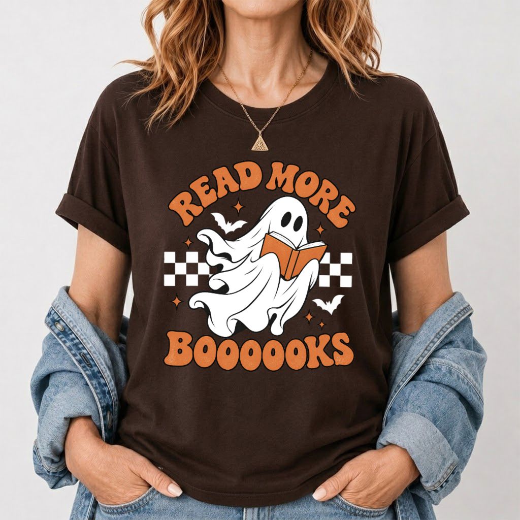 Read More Books Flying Ghost Printed T-Shirt | Halloween Book Lover Gift Dark Chocolate