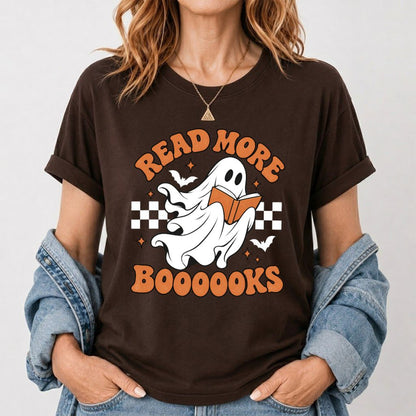 Read More Books Flying Ghost Printed T-Shirt | Halloween Book Lover Gift Dark Chocolate