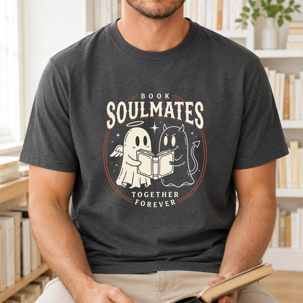 Book Soulmates Together Forever Printed T-Shirt | Halloween Book Lover Gift Dark Heather