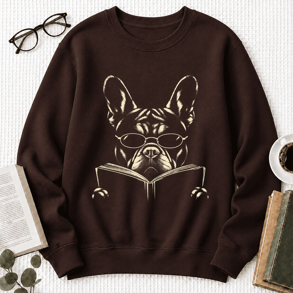 French Bulldog Reading Book Crewneck Sweatshirt | Reader Gift Dark Chocolate