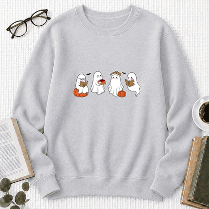 Halloween Ghosts Reading Printed Sweatshirt | Spooky Book Lover Gift Sport Grey