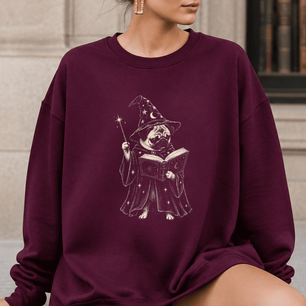 Cute Pug Witch Reading Book Printed Sweatshirt | Halloween Book Lover Gift Maroon