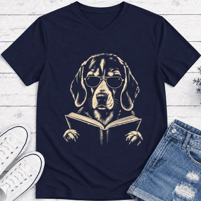 Beagle Reading Book Ultra-Soft V-Neck | Dog Mom Reader Gift Navy