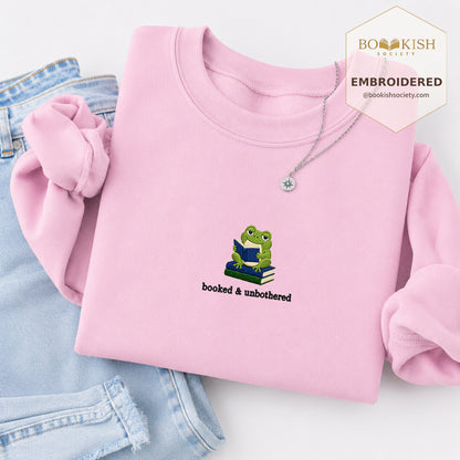 Booked and Unbothered Embroidered Sweatshirt | Reader Gift Light Pink