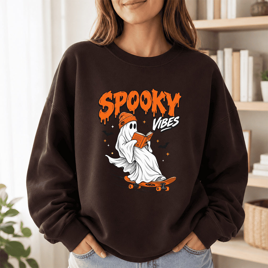 Spooky Vibes Printed Sweatshirt | Halloween Reader Gift Dark Chocolate