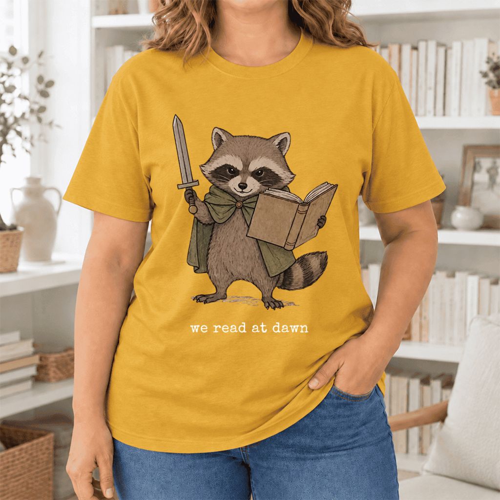 We Read At Dawn Funny Racoon Ultra-Soft Cotton T-Shirt | Playful Reader Gift Mustard