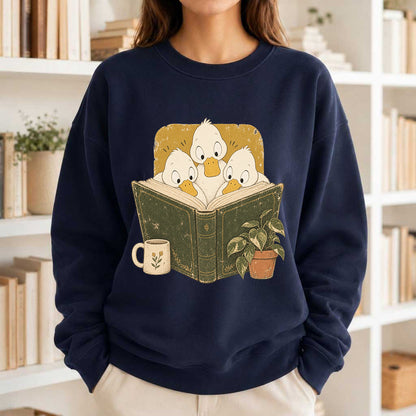Minimal Japanese Ducks Reading Crewneck Sweatshirt | Reader Gift Navy