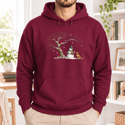 Golden Retriever And Snowman Under Tree Softstyle Hoodie | Christmas Reader Gift Maroon