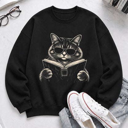 Cat Reading Book Crewneck Sweatshirt | Reader Gift Black