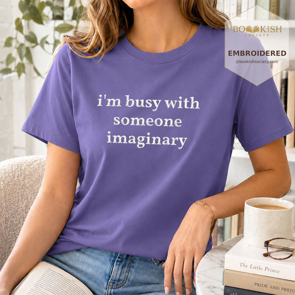 Embroidered I’m Busy With Someone Imaginary Comfort Color® T-shirt Book Lover Gift Grape