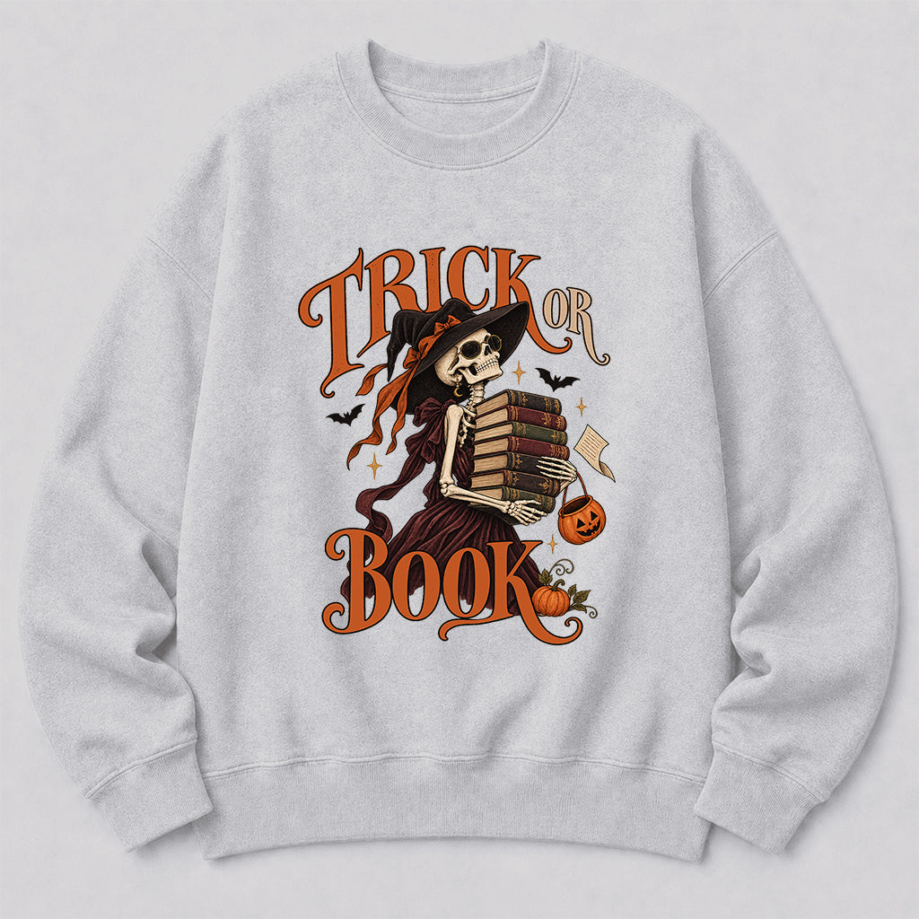 Trick Or Book Printed Sweatshirt | Halloween Book Lover Gift Sport Grey