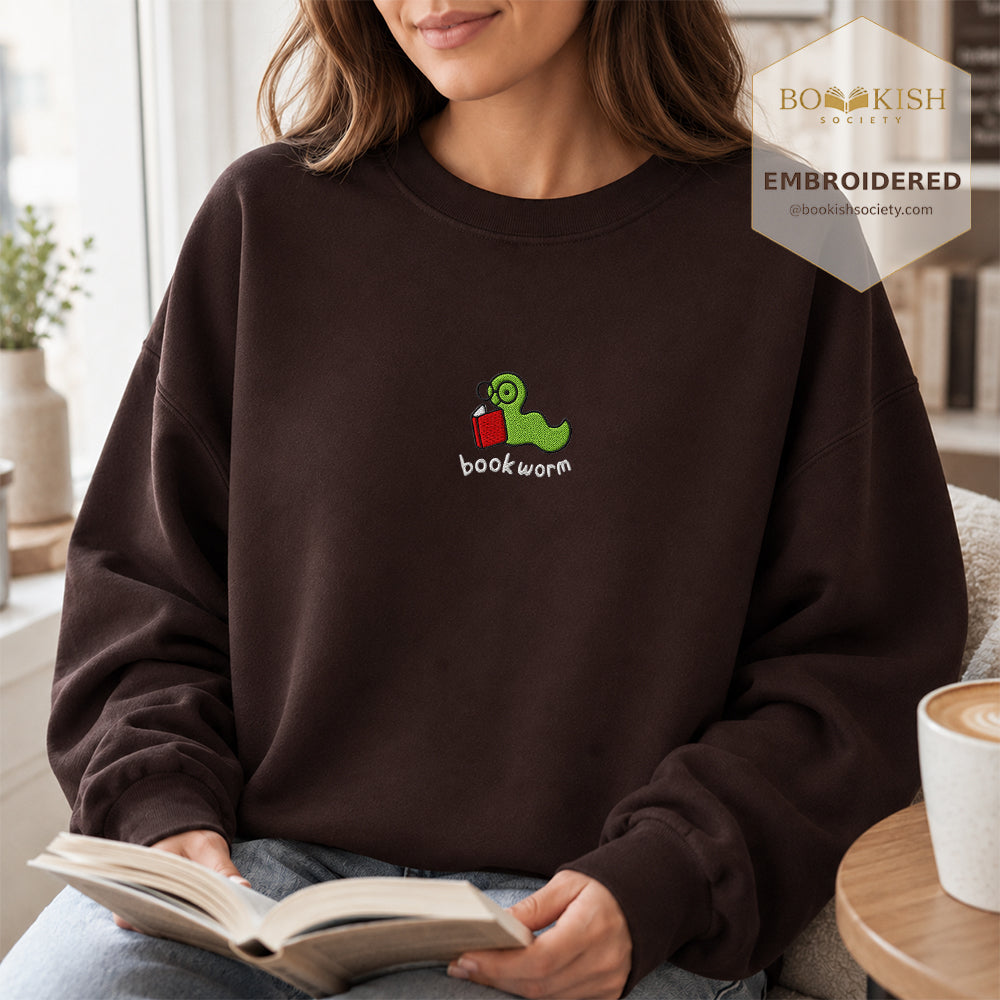 Bookworm Embroidered Sweatshirt | Reader Gift Dark Chocolate