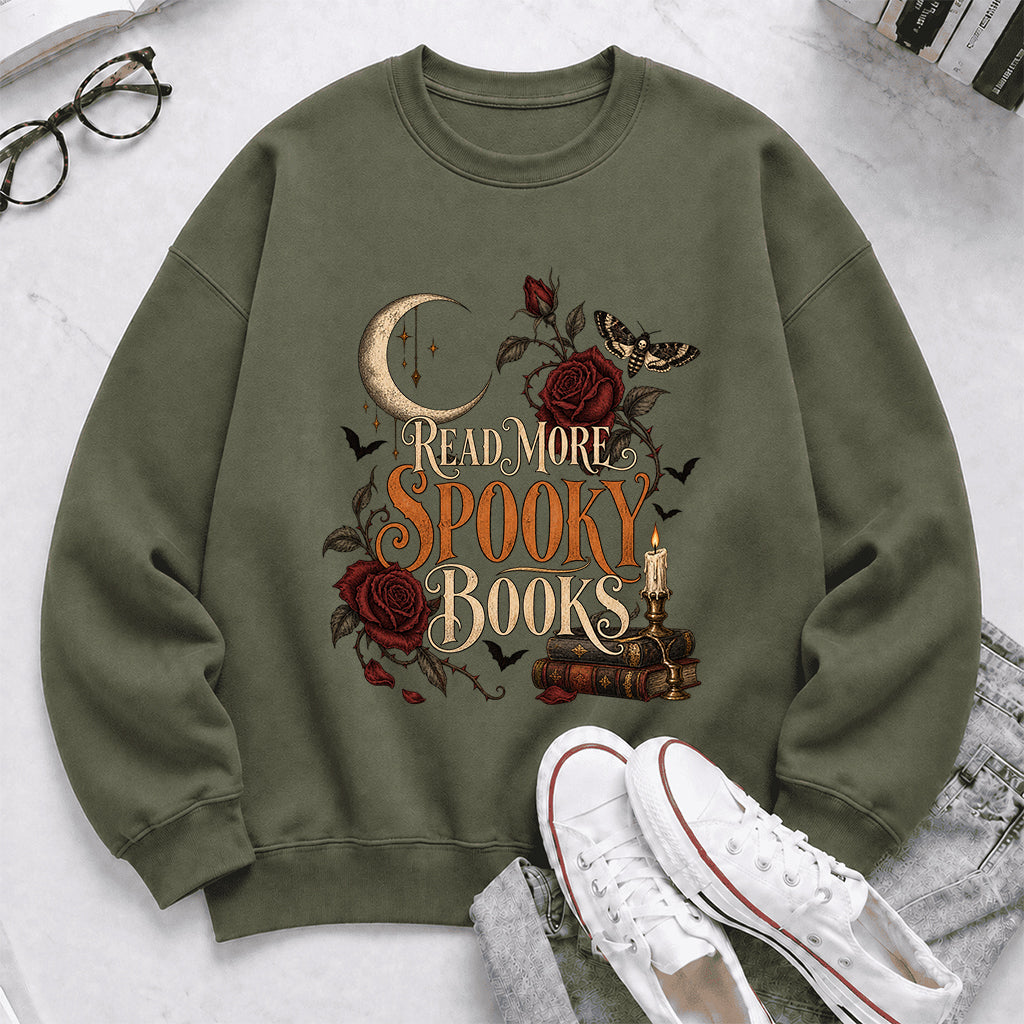 Read More Spooky Books Printed Sweatshirt | Halloween Book Lover Gift Military Green