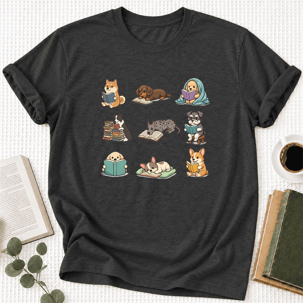 Funny Reading Dogs Ultra-Soft Cotton T-Shirt | Dog Mom Reader Gift Dark Grey Heather