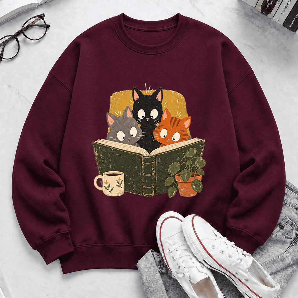 Minimal Japanese Cats Reading Crewneck Sweatshirt | Reader Gift Maroon