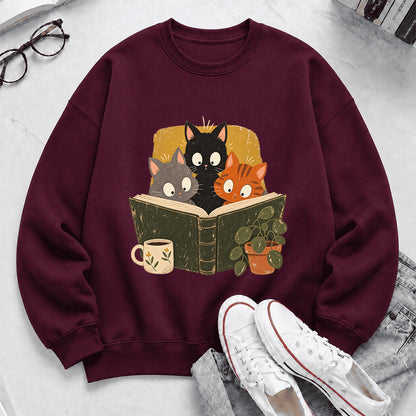 Minimal Japanese Cats Reading Crewneck Sweatshirt | Reader Gift Maroon