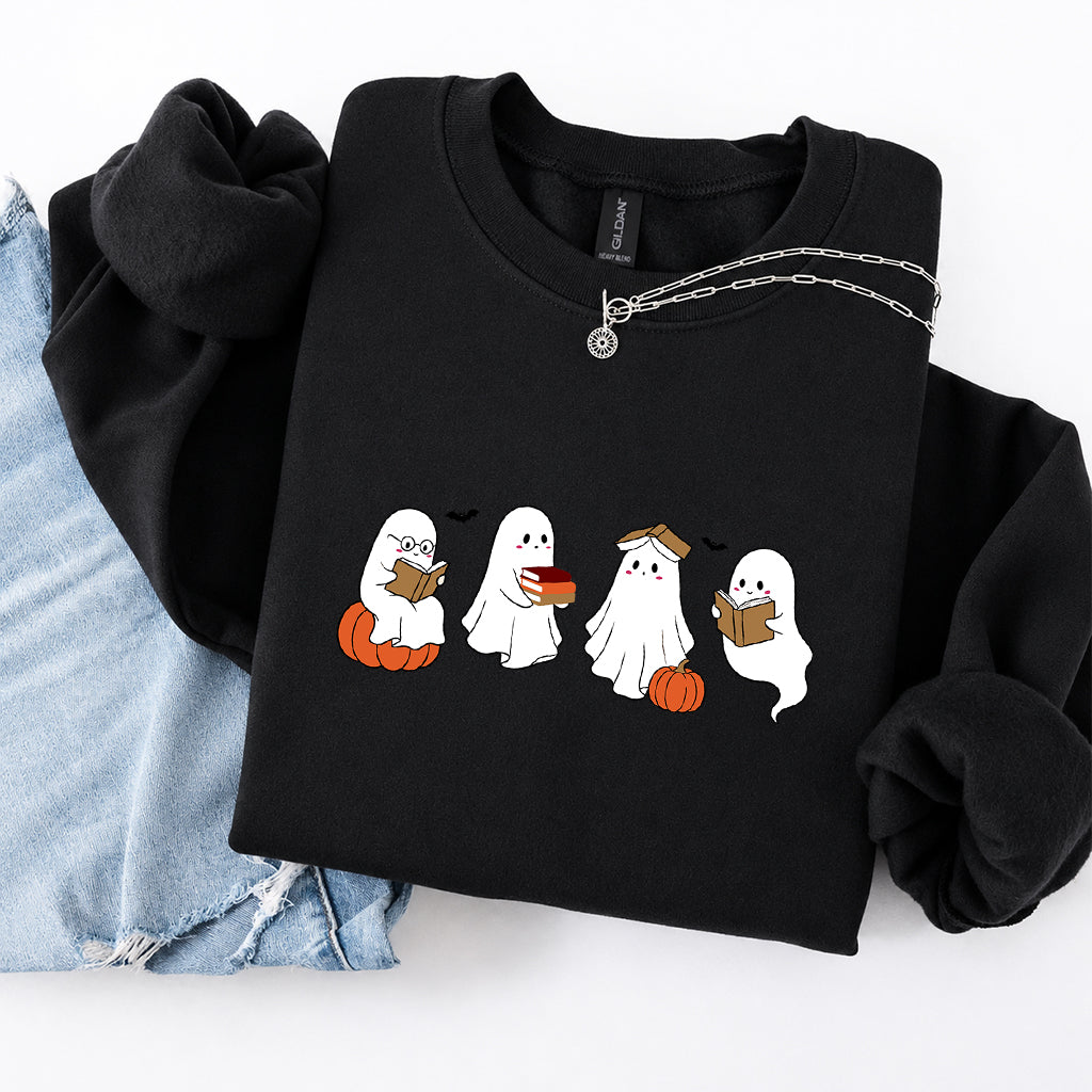 Halloween Ghosts Reading Printed Sweatshirt | Spooky Book Lover Gift Black