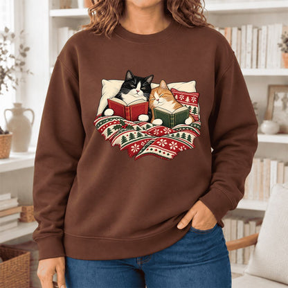 Christmas Reading Cat Couple Softstyle Sweatshirt | Cozy Christmas Gift Cocoa