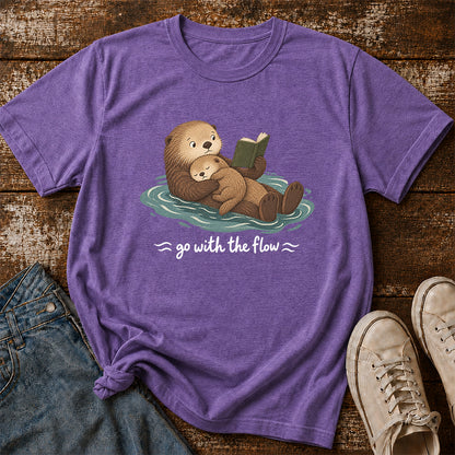 Go With The Flow Otter Reading Softstyle T-Shirt | Book Lover Gift Heather Purple