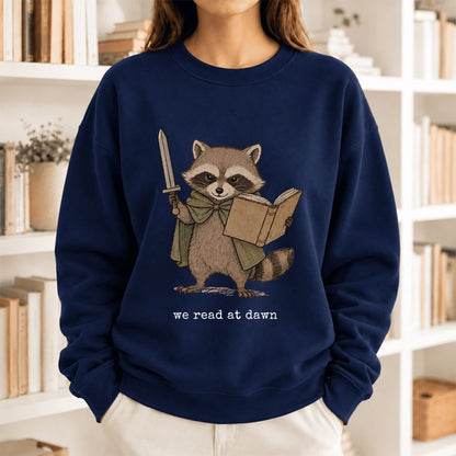 We Read At Dawn Funny Racoon Softstyle Sweatshirt | Cozy Book Lover Gift Navy