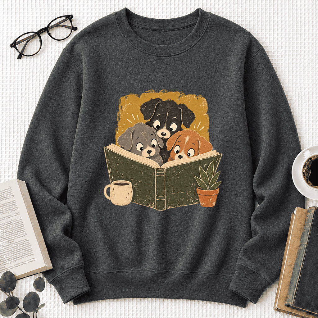 Minimal Japanese Dogs Reading Crewneck Sweatshirt | Reader Gift Dark Heather