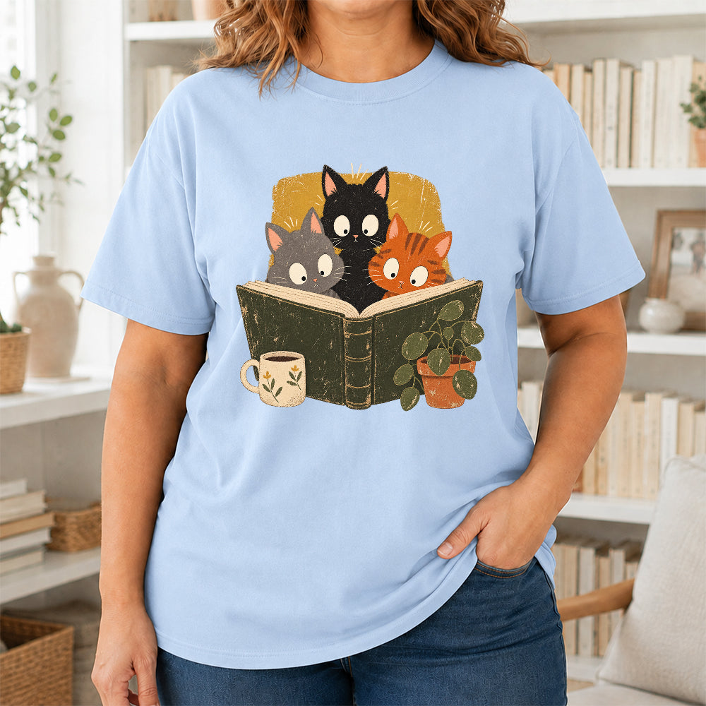 Minimal Japanese Cats Reading Softstyle T-Shirt | Book Lover Gift Light Blue