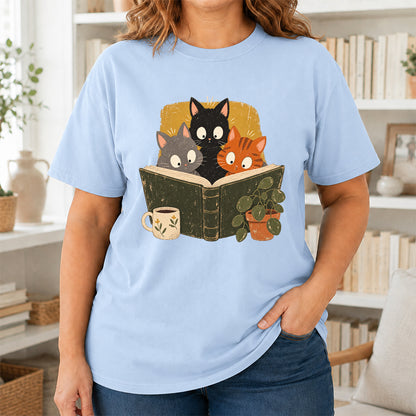 Minimal Japanese Cats Reading Softstyle T-Shirt | Book Lover Gift Light Blue