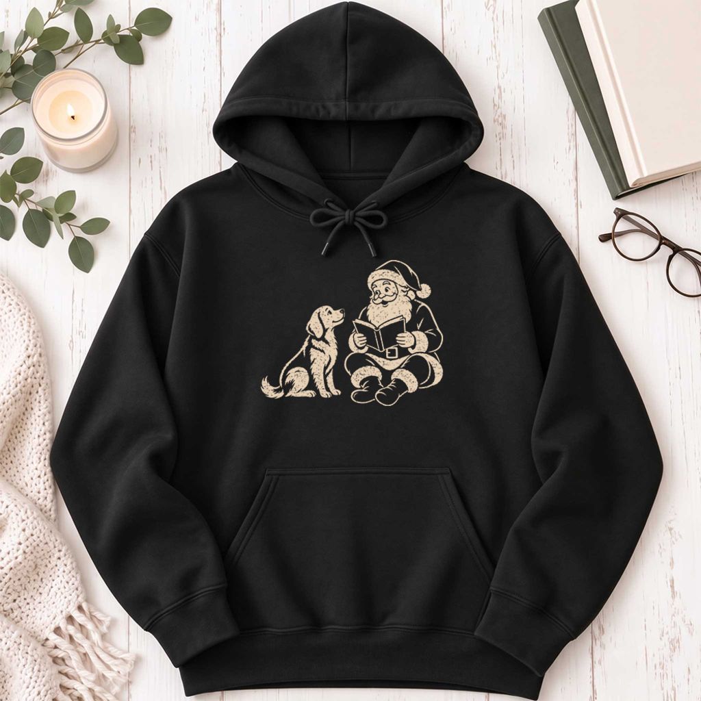 Funny Dog With Santa Christmas Softstyle Hoodie | Christmas Gift For Dog & Book Lover Black