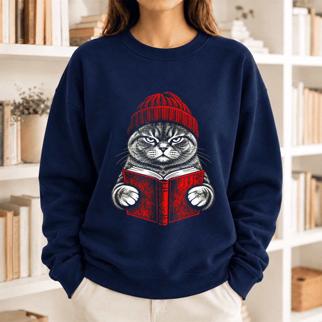 Vintage Reading Cat British Shorthair Softstyle Sweatshirt | Christmas Gift Navy