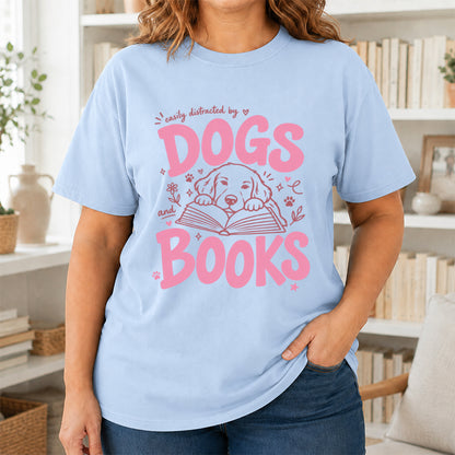 Easily Distracted by Dog and Books Cotton T-Shirt | Dogs Lover & Reader Gift Light Blue